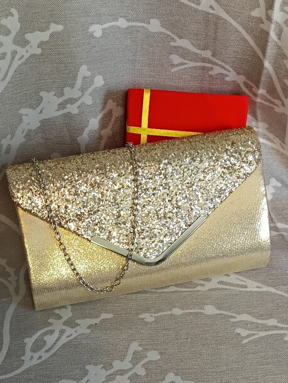 Gold Shimmer Envelope Clutch | Detachable Silver Chain - Picture 2 of 7